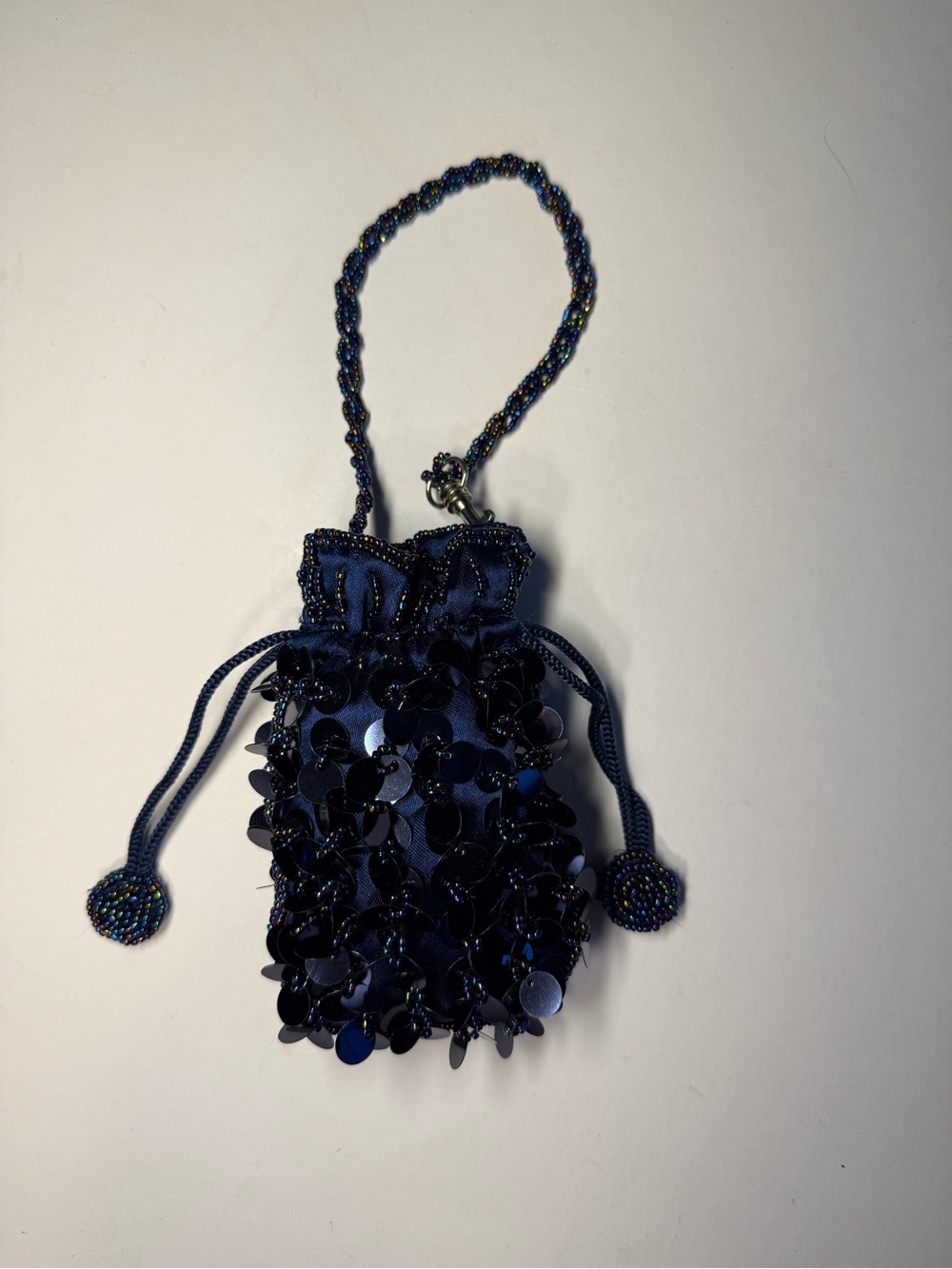 Navy Sequin Drawstring Wristlet Pouch